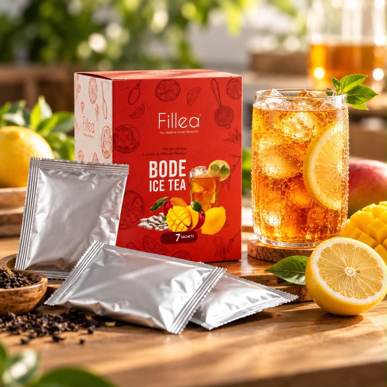 Fillea Bode Ice Tea, kotak merah 7 sachet bersama minuman teh berais